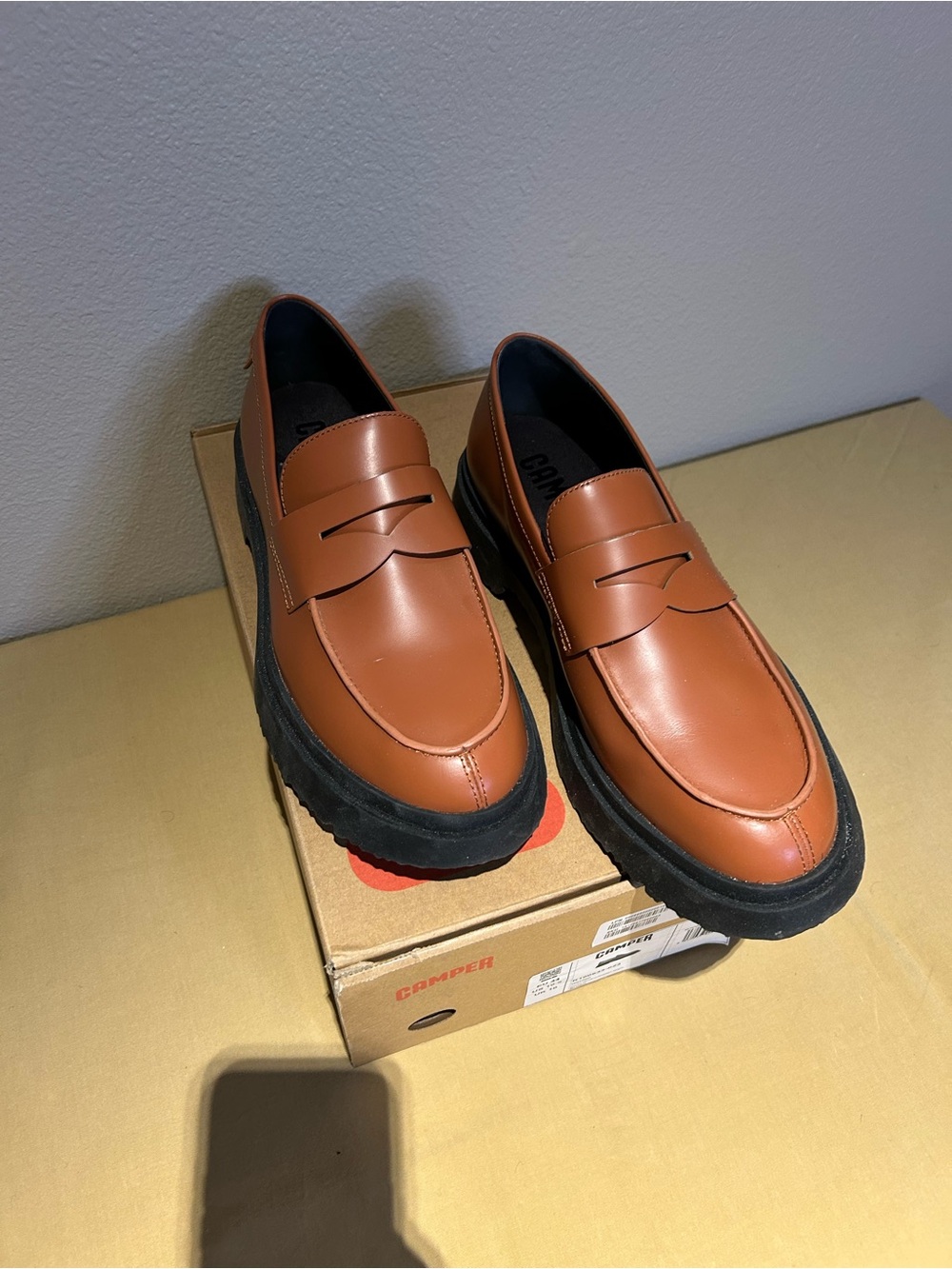 Camper Tan Leather Penny Loafers with Black Soles - Picture 5 of 5